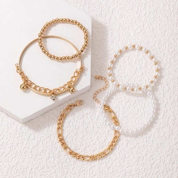 Gold Plated Chain and Faux Pearl Bracelets - set of 5 - Picture 4 of 5